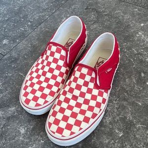 Vans red and white checkered slip on